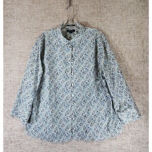 Lands End No Iron Blue Ditsy Floral Blouse Womens 18 Stretch Cotton 3/4 Sleeve